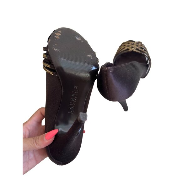 LAUREN RALPH LAUREN Brown Satin Jeweled Heels Size 6 - Picture 10 of 11